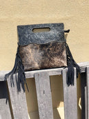 Black tooled leather and cowhide fringe bag. Front View I