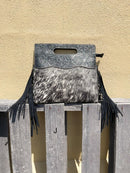 Black tooled leather and cowhide fringe bag. Front View J