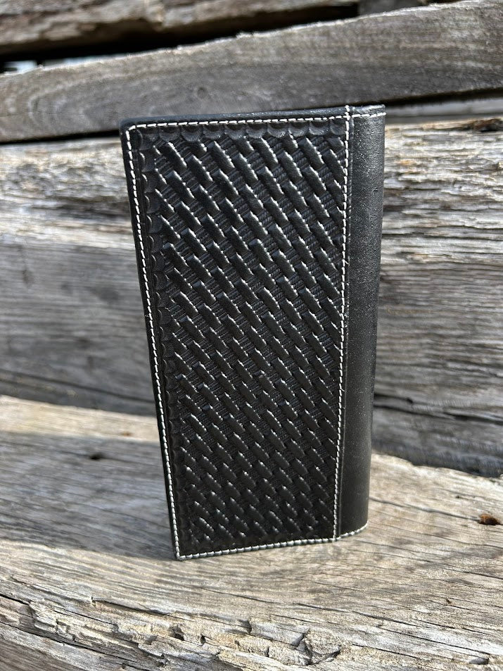 Top Notch Accessories Black Basketweave Leather Tall Wallet with Praying Cowboy Concho