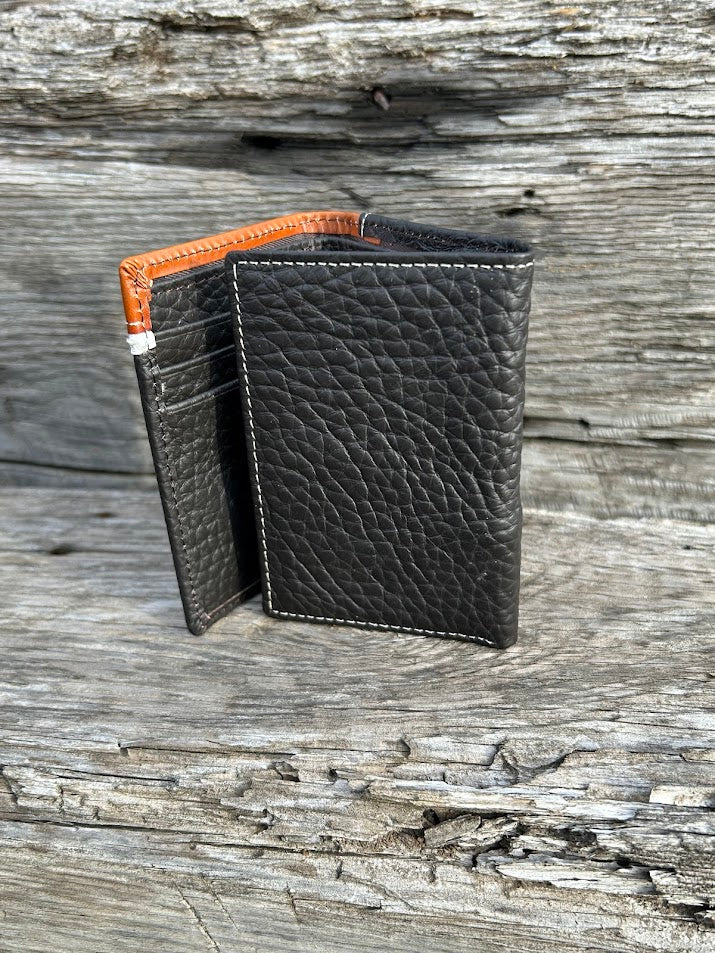 Coffee Brown leather trifold wallet with embossed Brown overlay top featuring a Praying Cowboy Concho. Rear View