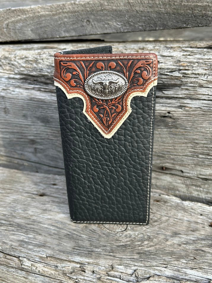 Black pebbled leather checkbook wallet with a Brown embossed overlay featuring a Longhorn Concho. Front View 