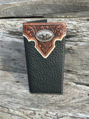 Black pebbled leather checkbook wallet with a Brown embossed overlay featuring a Longhorn Concho. Front View 