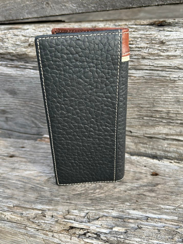 Black pebbled leather checkbook wallet with a Brown embossed overlay featuring a Longhorn Concho. Rear View 