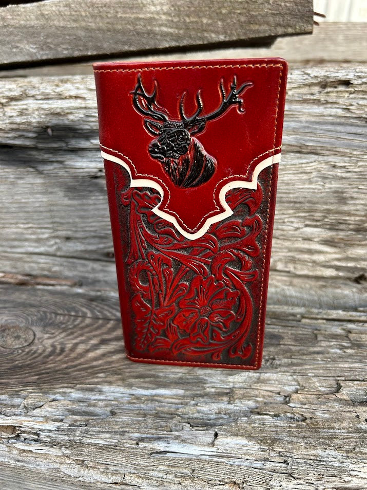 Brown leather tall wallet with embossed Deer design and a Beige border. Front View