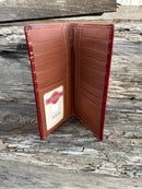 Brown leather tall wallet with embossed Deer design and a Beige border. Inside view showing multiple card slots and a ID window. 
