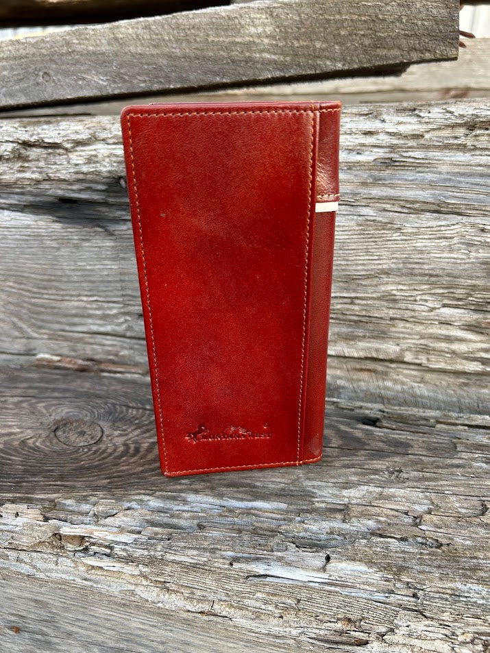Brown leather tall wallet with embossed Deer design and a Beige border. Rear View
