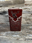 Coffee Brown leather tall wallet with a embossed Deer design and a beige border. Front View