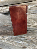 Coffee Brown leather tall wallet with a embossed Deer design and a beige border. Rear View
