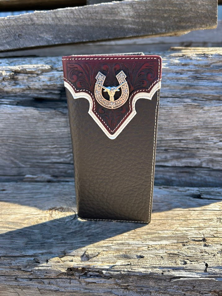 Coffee Brown leather checkbook wallet with embossed overlay and a Longhorn in a Horseshoe Concho. Front View