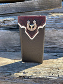 Coffee Brown leather checkbook wallet with embossed overlay and a Longhorn in a Horseshoe Concho. Front View
