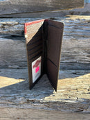 Coffee Brown leather checkbook wallet with embossed overlay and a Longhorn in a Horseshoe Concho. Inside view showing multiple card slots, ID window, and a checkbook slot. 