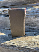 Coffee Brown leather checkbook wallet with embossed overlay and a Longhorn in a Horseshoe Concho. Rear View
