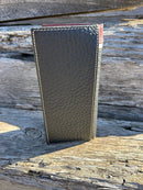 Black pebbled leather checkbook wallet with a Brown embossed overlay with a Longhorn in a Horseshoe Concho. Rear View