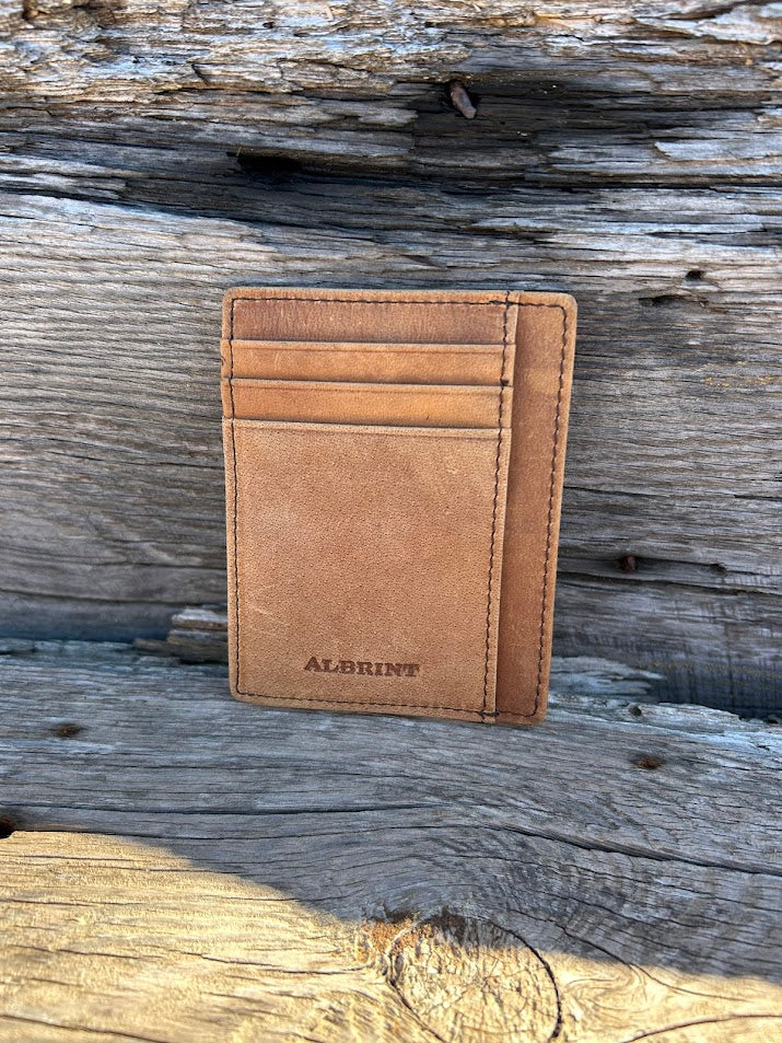 Light Brown crazy horse leather front pocket wallet with six card slots and a ID window. It has RFID blocking. 