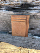 Light Brown crazy horse leather front pocket wallet with six card slots and a ID window. It has RFID blocking. 