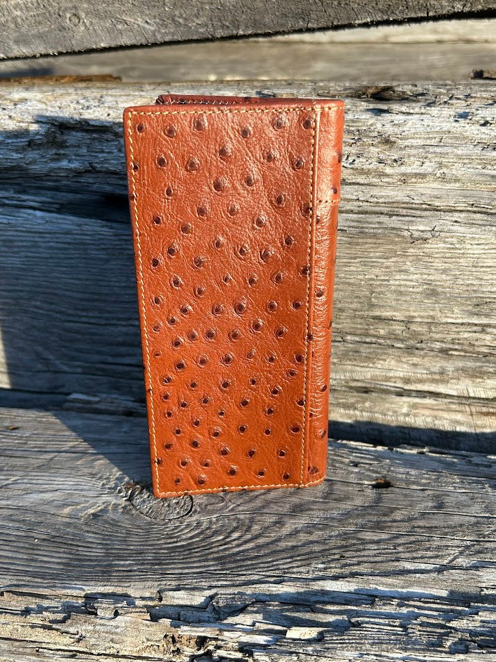 Brown ostrich print leather checkbook wallet with cowhide inlay featuring a Longhorn Concho. Rear View