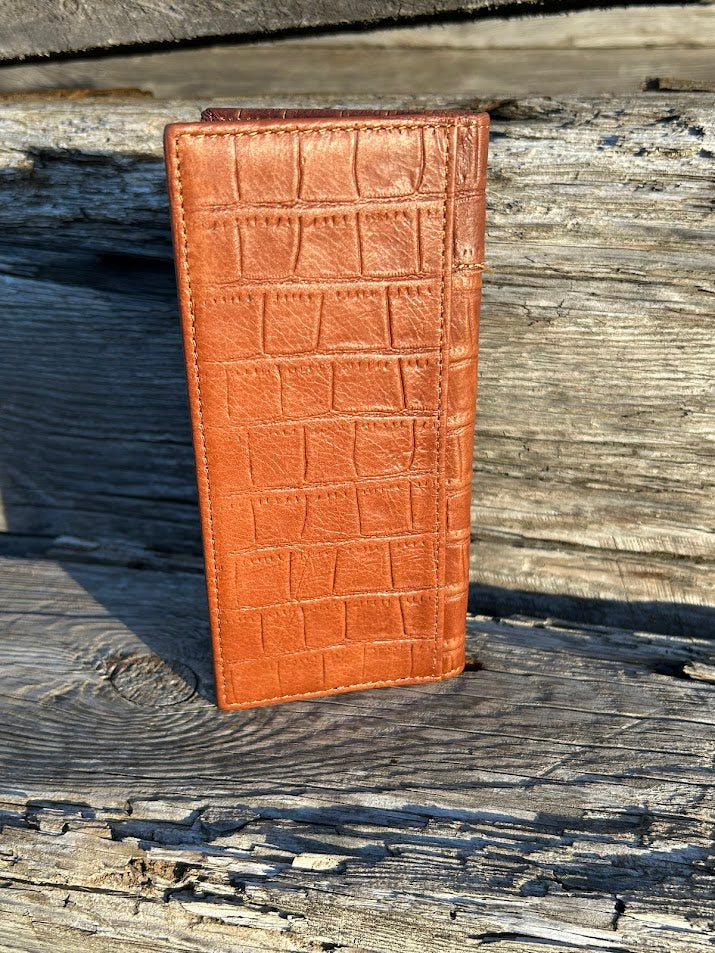 Brown alligator print leather checkbook wallet with a cowhide inlay featuring a Star Concho. Rear View