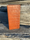 Brown alligator print leather checkbook wallet with a cowhide inlay featuring a Star Concho. Rear View