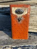 Brown ostrich print leather checkbook wallet with cowhide inlay and Praying Cowboy Concho. Front View