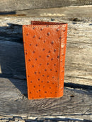 Brown ostrich print leather checkbook wallet with cowhide inlay and Praying Cowboy Concho. Rear View
