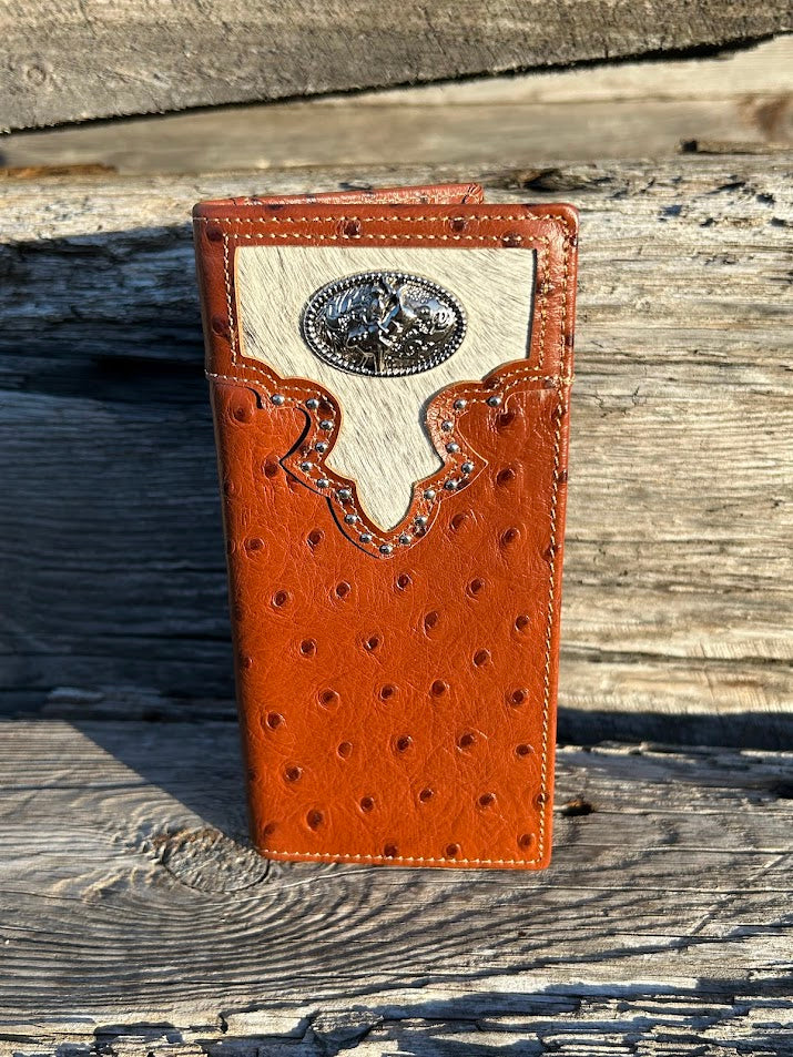 Brown ostrich print leather checkbook wallet with a cowhide inlay featuring a Bull Rider Concho. Front View 