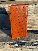 Brown ostrich print leather checkbook wallet with a cowhide inlay featuring a Bull Rider Concho. Rear View 