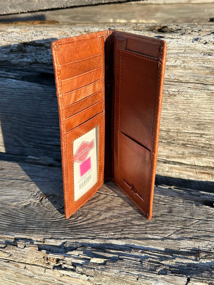 Brown alligator print leather checkbook wallet with a cowhide inlay featuring a Praying Cowboy Concho. Inside view showing multiple card slots, ID window, and a checkbook slot. 