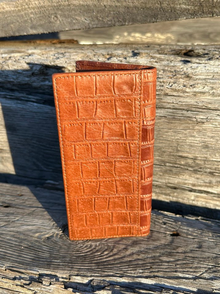 Brown alligator print leather checkbook wallet with a cowhide inlay featuring a Praying Cowboy Concho. Rear View