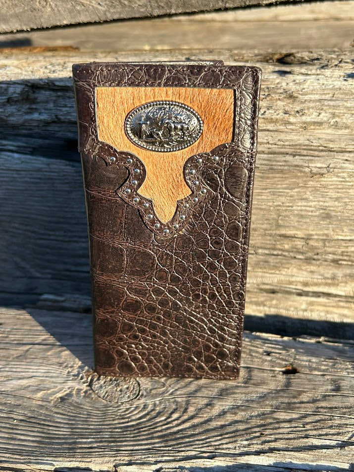 Coffee Brown alligator print checkbook wallet with a cowhide inlay featuring a Praying Cowboy Concho. Front View