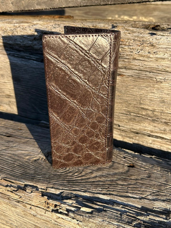 Coffee Brown alligator print checkbook wallet with a cowhide inlay featuring a Praying Cowboy Concho. Rear view
