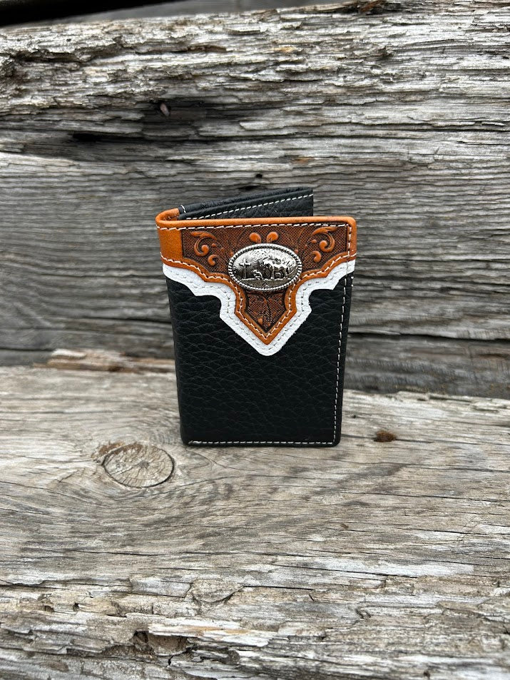 Black pebbled leather Trifold wallet with embossed Brown overlay featuring a Praying Cowboy Concho. Front View