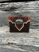 Coffee Brown leather bifold wallet with a embossed Brown overlay featuring a Praying Cowboy Concho. Front View