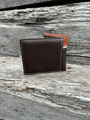 Coffee Brown leather bifold wallet with a embossed Brown overlay featuring a Praying Cowboy Concho. Rear View