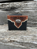 Black leather bifold wallet with embossed Brown overlay featuring a Bull Rider Concho. Front View