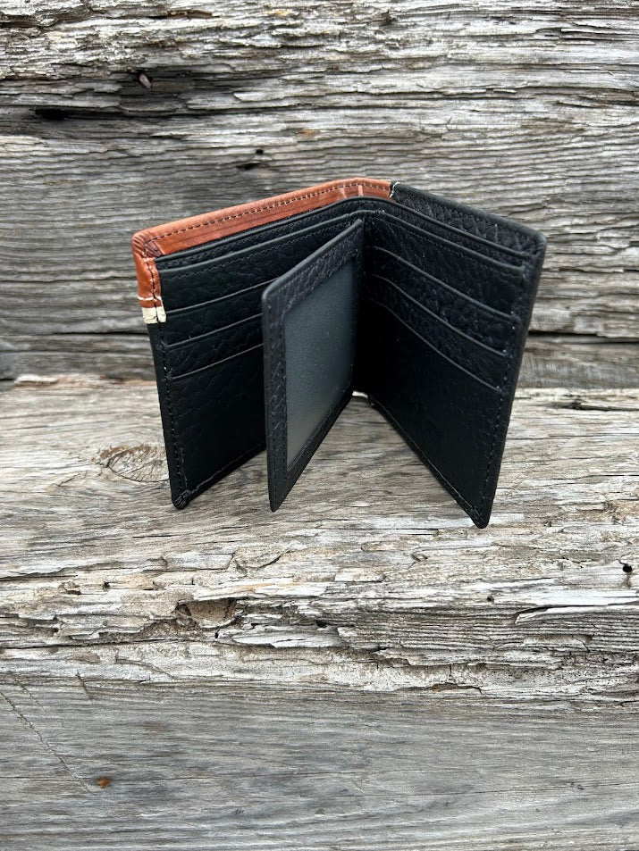 Black leather bifold wallet with embossed Brown overlay featuring a Bull Rider Concho. Inside view showing a dual ID window and multiple card slots. 