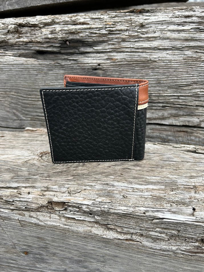 Black leather bifold wallet with embossed Brown overlay featuring a Bull Rider Concho. Rear View