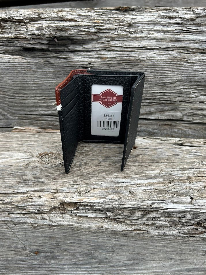 Black pebbled leather trifold wallet with a brown leather overlay featuring a Bull Rider Concho. Inside view showing multiple card slots and ID window.