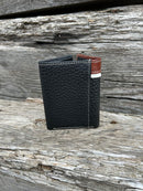Black pebbled leather Trifold wallet with embossed Brown overlay featuring a Praying Cowboy Concho. Rear View