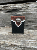 Black pebbled leather trifold wallet with a Brown embossed leather overlay featuring a Longhorn Concho. Front View