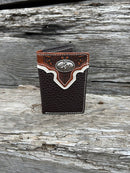 Coffee Brown leather trifold wallet with a embossed Brown overlay featuring a Bull Rider Concho. Front View