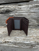 Coffee Brown leather trifold wallet with a embossed Brown overlay featuring a Bull Rider Concho. Inside view showing multiple card slots and a ID window. 