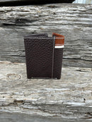 Coffee Brown trifold wallet with a embossed Brown leather overlay featuring a Cross Concho. Rear view