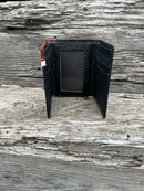 Black pebbled leather trifold wallet with a Brown embossed leather overlay featuring a Longhorn Concho. Inside view showing ID window and multiple card slots. 