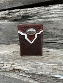 Coffee Brown leather trifold wallet with a Brown embossed overlay featuring a Longhorn Concho. Front View 