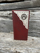 Coffee Brown basketweave leather tall wallet with a cowhide inlay corner featuring a Pistols Concho. Front View