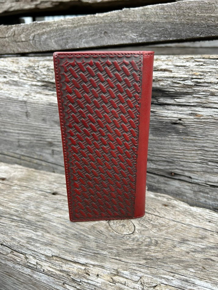 Coffee Brown basketweave leather tall wallet with a cowhide inlay corner featuring a Pistols Concho. 
Rear View