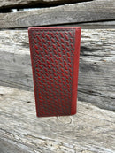Coffee Brown basketweave leather tall wallet with a cowhide inlay corner featuring a Pistols Concho. 
Rear View