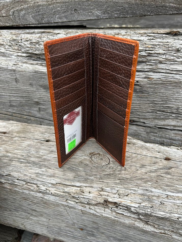 Brown basketweave leather tall wallet with a cowhide inlay corner featuring a Pistols Concho.  Inside view showing ID window and multiple card slots.