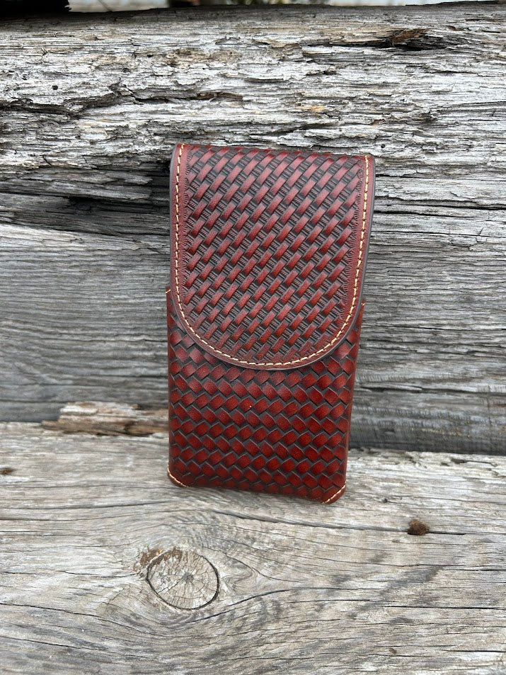 Brown basketweave leather phone case. Front View