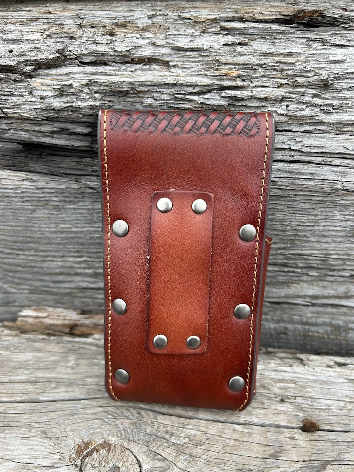 Brown basketweave leather phone case. Rear view showing belt loop attachment. 